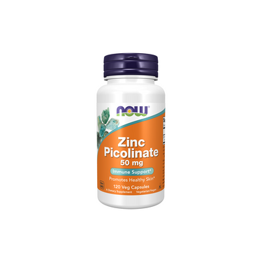 A bottle of Now Foods Zinc Picolinate 50 mg, with 120 vegetarian capsules, supports immune health and skin wellness and offers enhanced bioavailability.